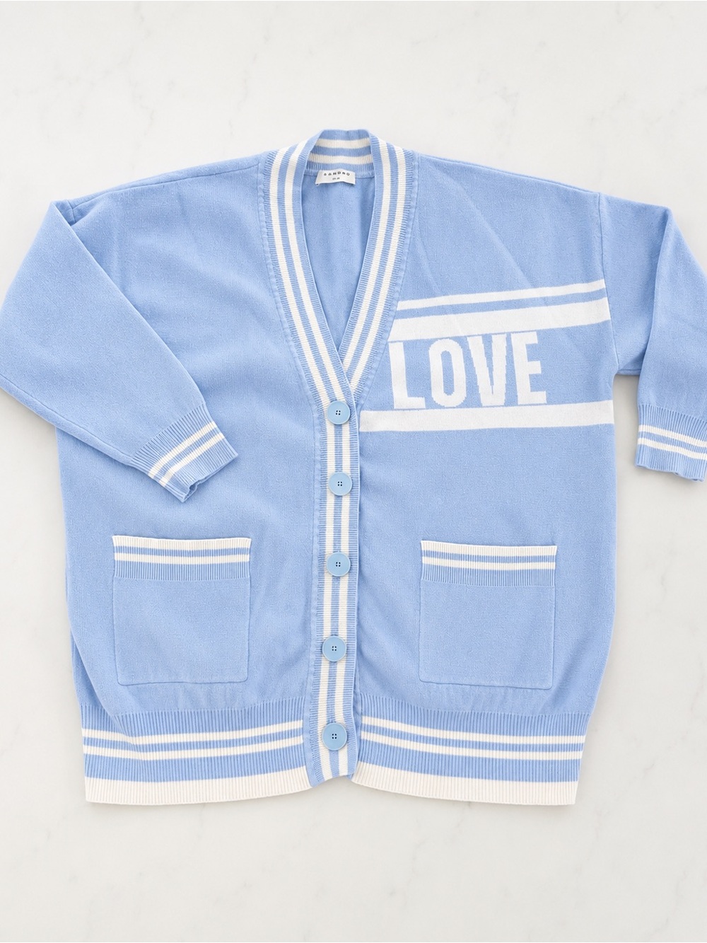 Sandro Paris LOVE Oversized Blue Graphic Cardigan Sweater Size 1 Small